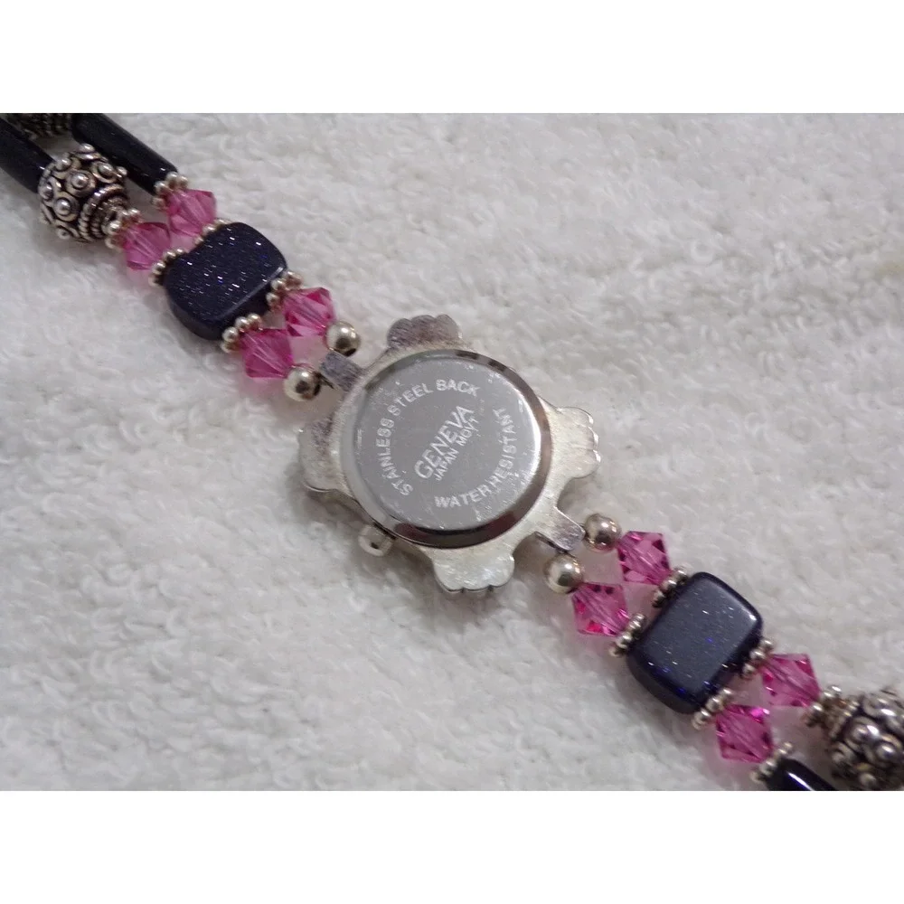 Geneva Womens Beaded Bracelet Watch Pink Black Crystal‎ Silver Tone Toggle Clasp